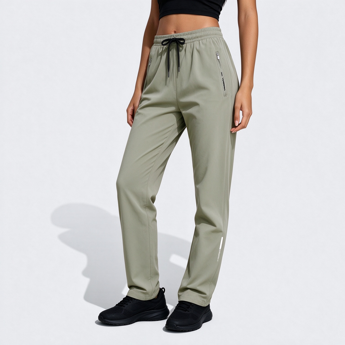 [Spring/Summer] Women's High Elasticity Straight Leg Elastic Waist Drawstring Outdoor Casual Zipper Pocket Long Pants, Gym Workout Summer Women's Outfit
