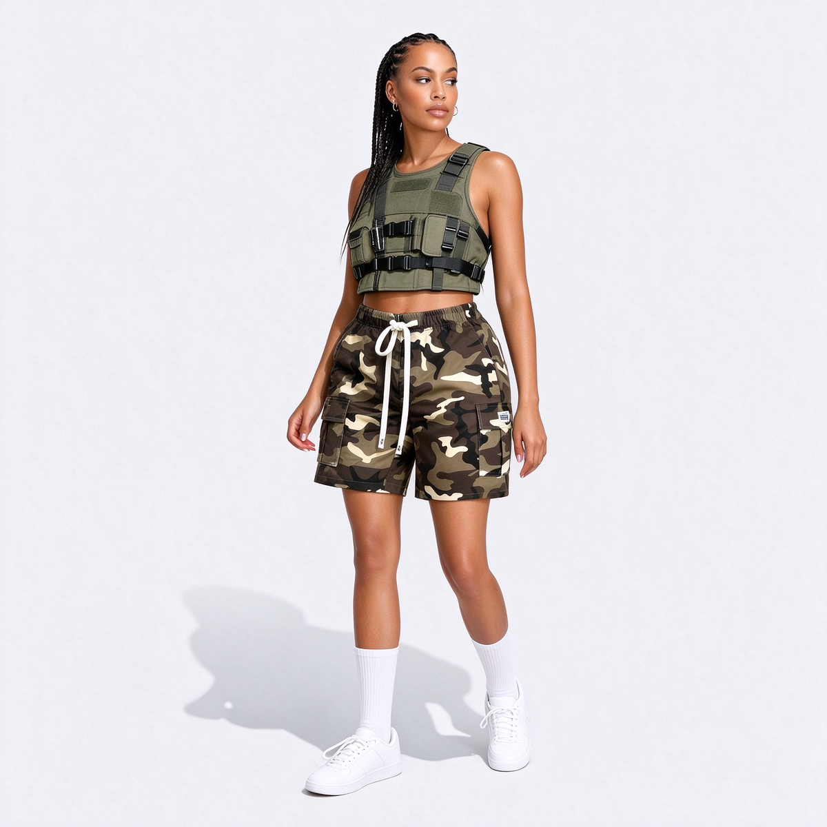 Women's Thin Outdoor Camouflage Cargo Knee-Length Shorts, Lightweight Breathable Casual Fashion Multi-Pocket Drawstring Shorts, Suitable For Sports, Outings, Exercise, Etc.