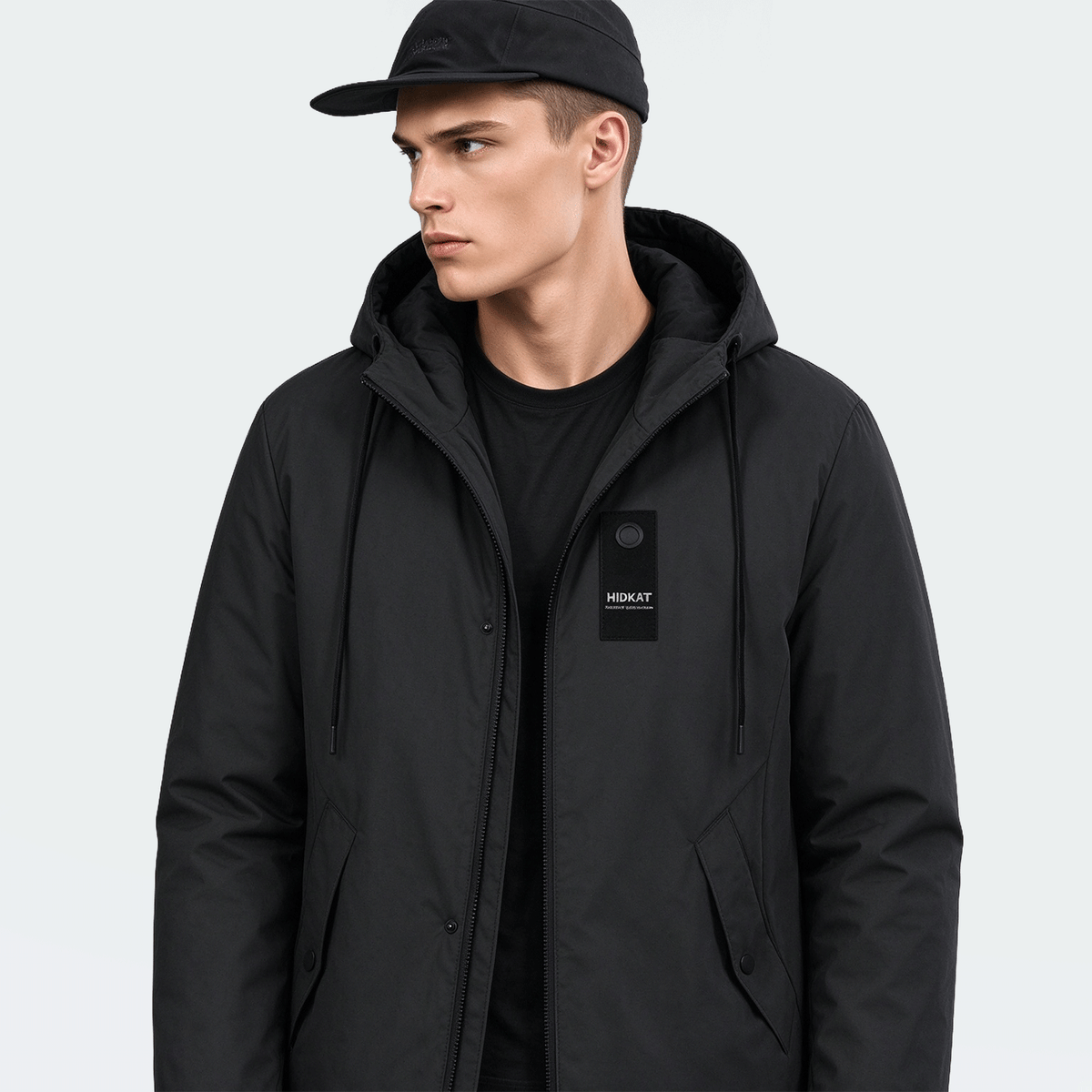 Men's Mid-Length Sporty Outdoor Hiking Jacket With Hood And Drawstring, Solid Color, Casual Everyday Wear, Autumn/Winter, BOYFRIEND