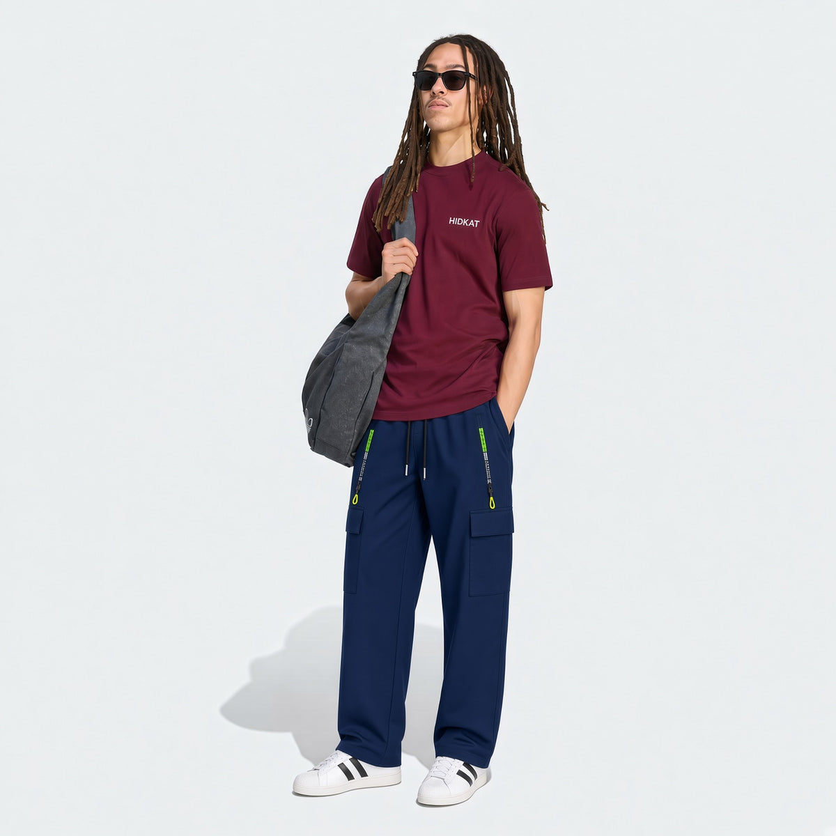 Men's Loose Lightweight Breathable Drawstring Elastic Waist Zipper Pocket Sports Pants, Outdoor Casual Straight Leg Cargo Trousers, NEON Highlight, Spring & Autumn