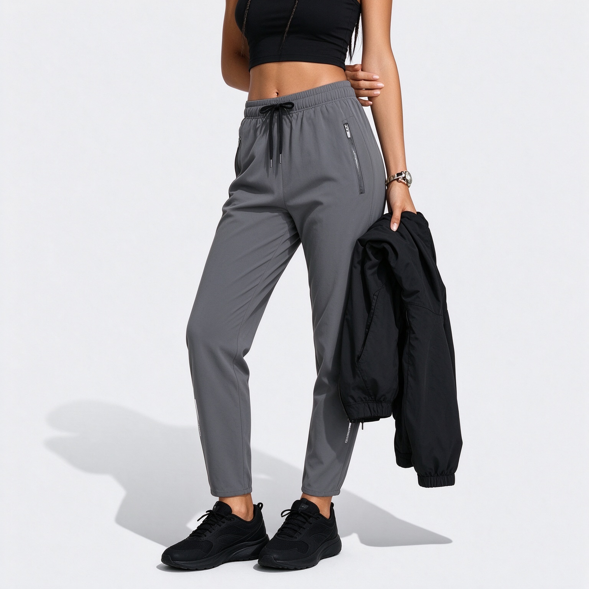 [Spring/Summer] Women's High Elasticity Straight Leg Elastic Waist Drawstring Outdoor Casual Zipper Pocket Long Pants, Gym Workout Summer Women's Outfit