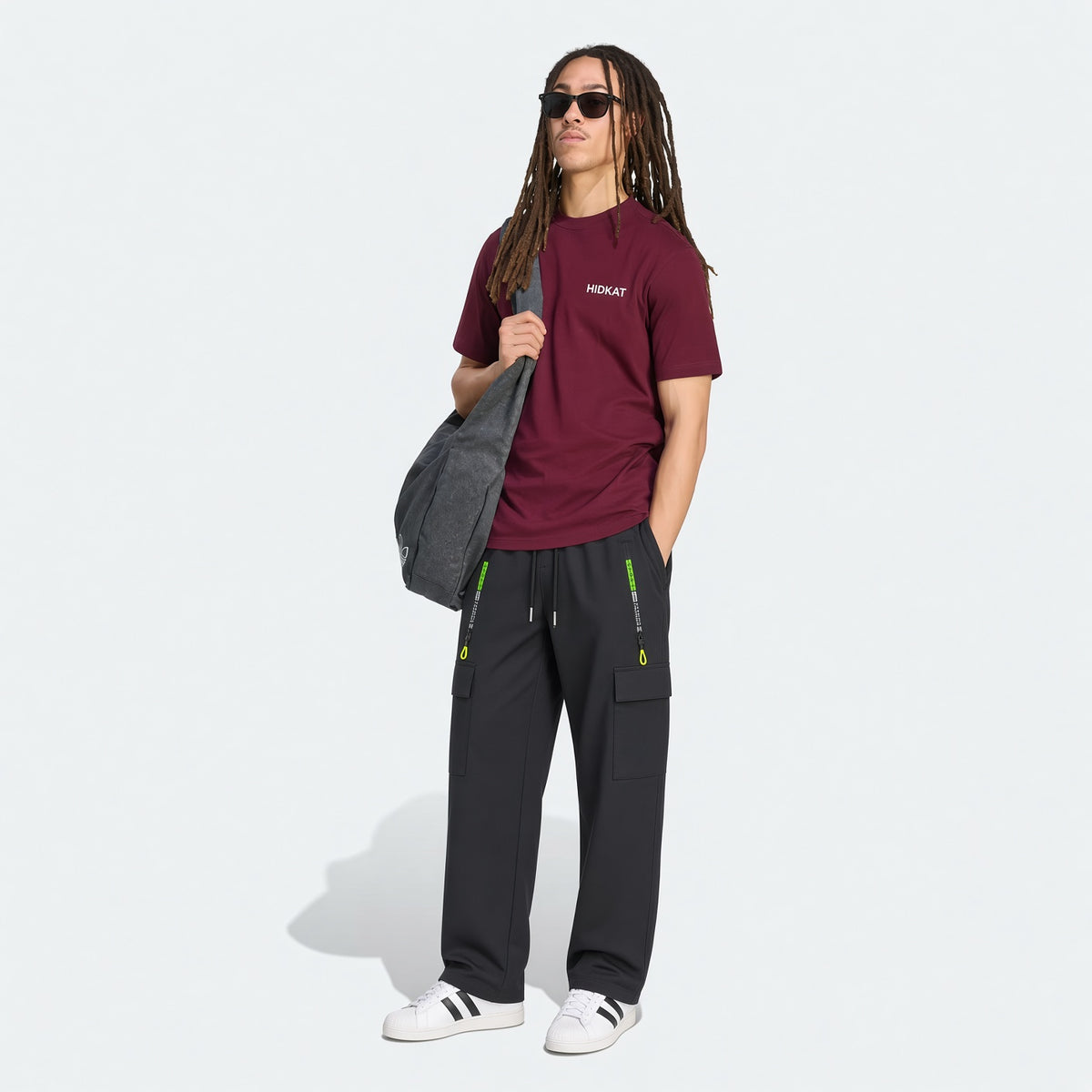 Men's Loose Lightweight Breathable Drawstring Elastic Waist Zipper Pocket Sports Pants, Outdoor Casual Straight Leg Cargo Trousers, NEON Highlight, Spring & Autumn