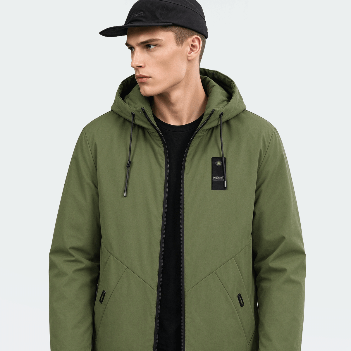 Men's Mid-Length Sporty Outdoor Hiking Jacket With Hood And Drawstring, Solid Color, Casual Everyday Wear, Autumn/Winter, BOYFRIEND