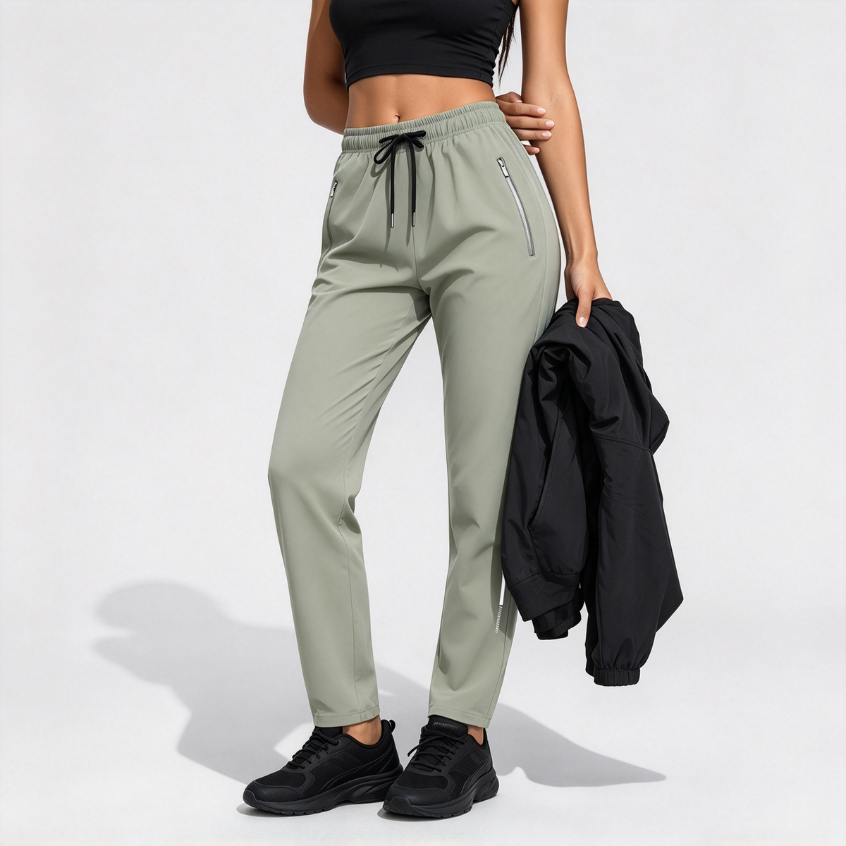 [Spring/Summer] Women's High Elasticity Straight Leg Elastic Waist Drawstring Outdoor Casual Zipper Pocket Long Pants, Gym Workout Summer Women's Outfit