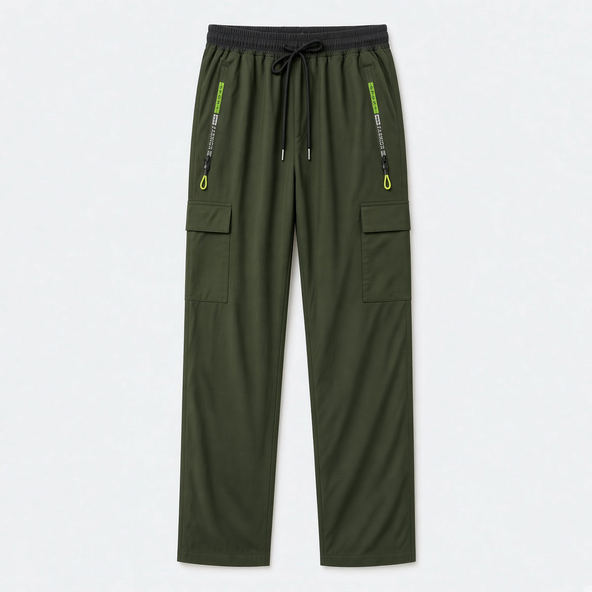 3pcs Men's Drawstring Elastic Waist Zipper Pocket Sport Pants, Outdoor Casual Loose Straight Leg Cargo Pants With NEON Highlights, Spring & Autumn Sports