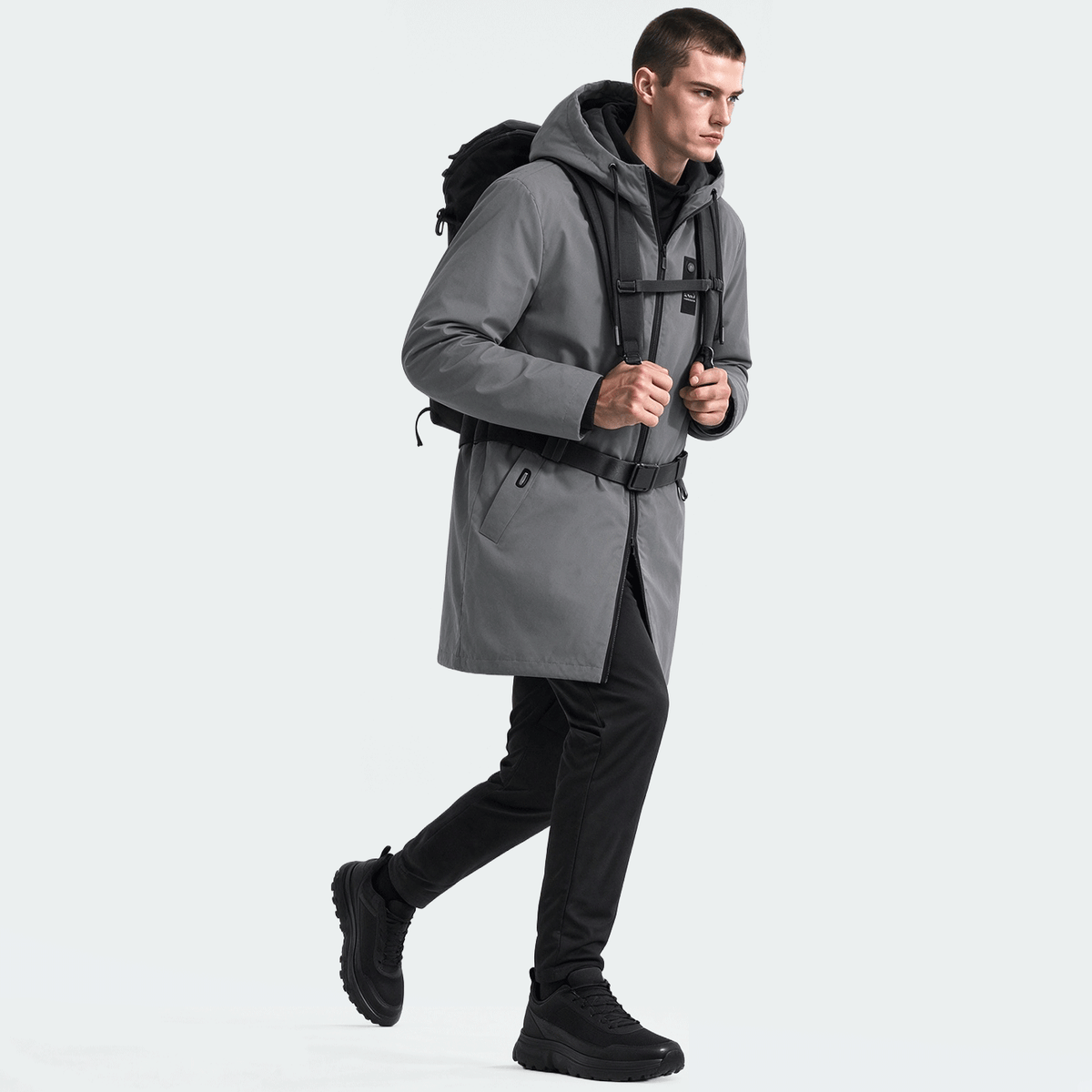 Men's Mid-Length Sporty Outdoor Hiking Jacket With Hood And Drawstring, Solid Color, Casual Everyday Wear, Autumn/Winter, BOYFRIEND
