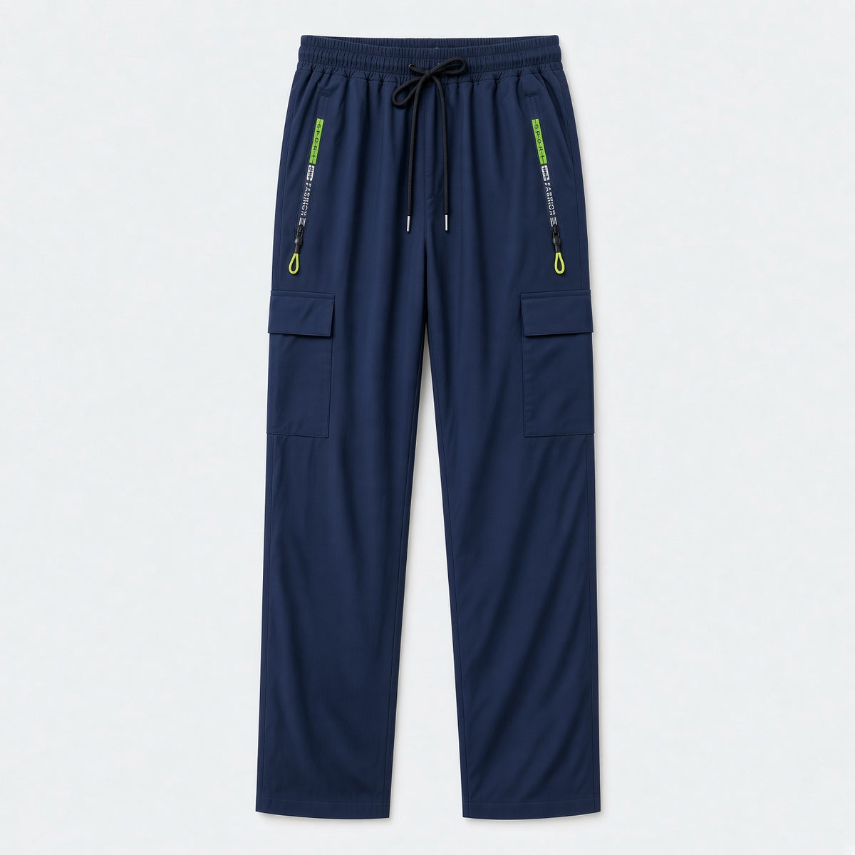 Men's Loose Lightweight Breathable Drawstring Elastic Waist Zipper Pocket Sports Pants, Outdoor Casual Straight Leg Cargo Trousers, NEON Highlight, Spring & Autumn
