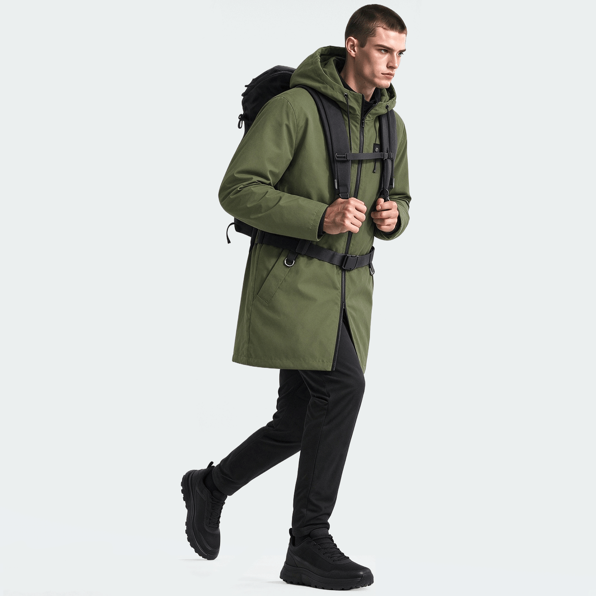 Men's Mid-Length Sporty Outdoor Hiking Jacket With Hood And Drawstring, Solid Color, Casual Everyday Wear, Autumn/Winter, BOYFRIEND