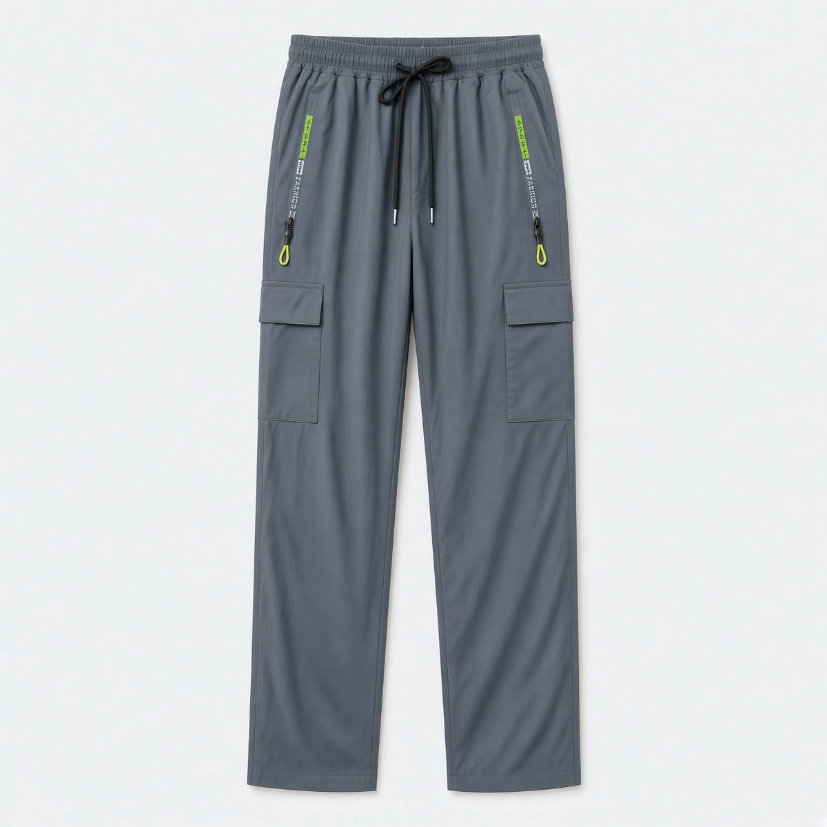 Men's Loose Lightweight Breathable Drawstring Elastic Waist Zipper Pocket Sports Pants, Outdoor Casual Straight Leg Cargo Trousers, NEON Highlight, Spring & Autumn