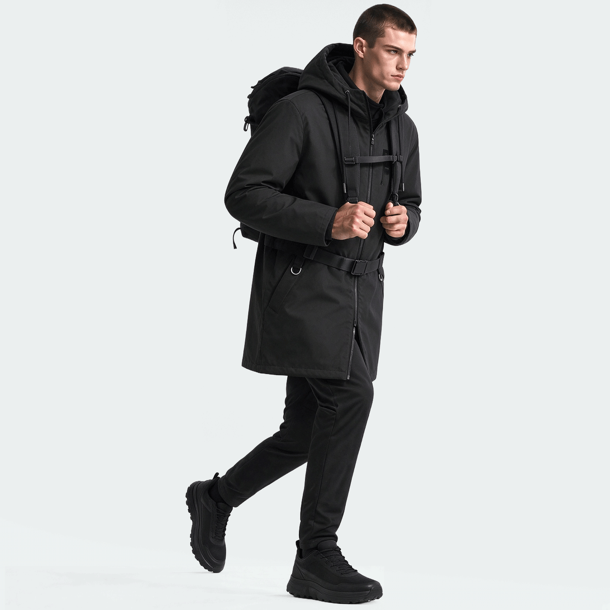 Men's Mid-Length Sporty Outdoor Hiking Jacket With Hood And Drawstring, Solid Color, Casual Everyday Wear, Autumn/Winter, BOYFRIEND