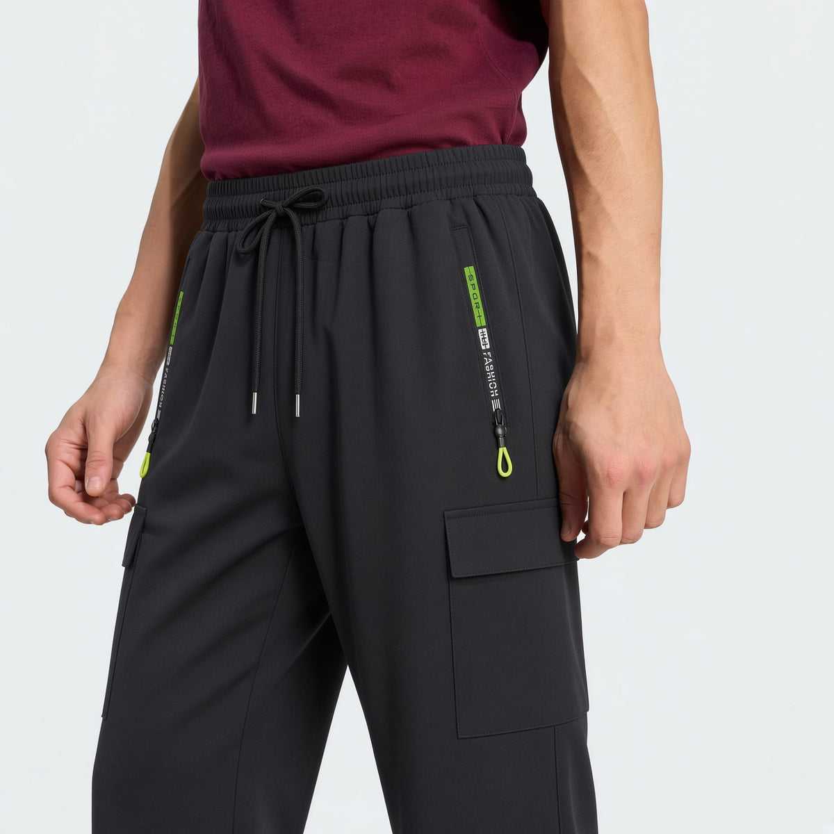 Men's Loose Lightweight Breathable Drawstring Elastic Waist Zipper Pocket Sports Pants, Outdoor Casual Straight Leg Cargo Trousers, NEON Highlight, Spring & Autumn