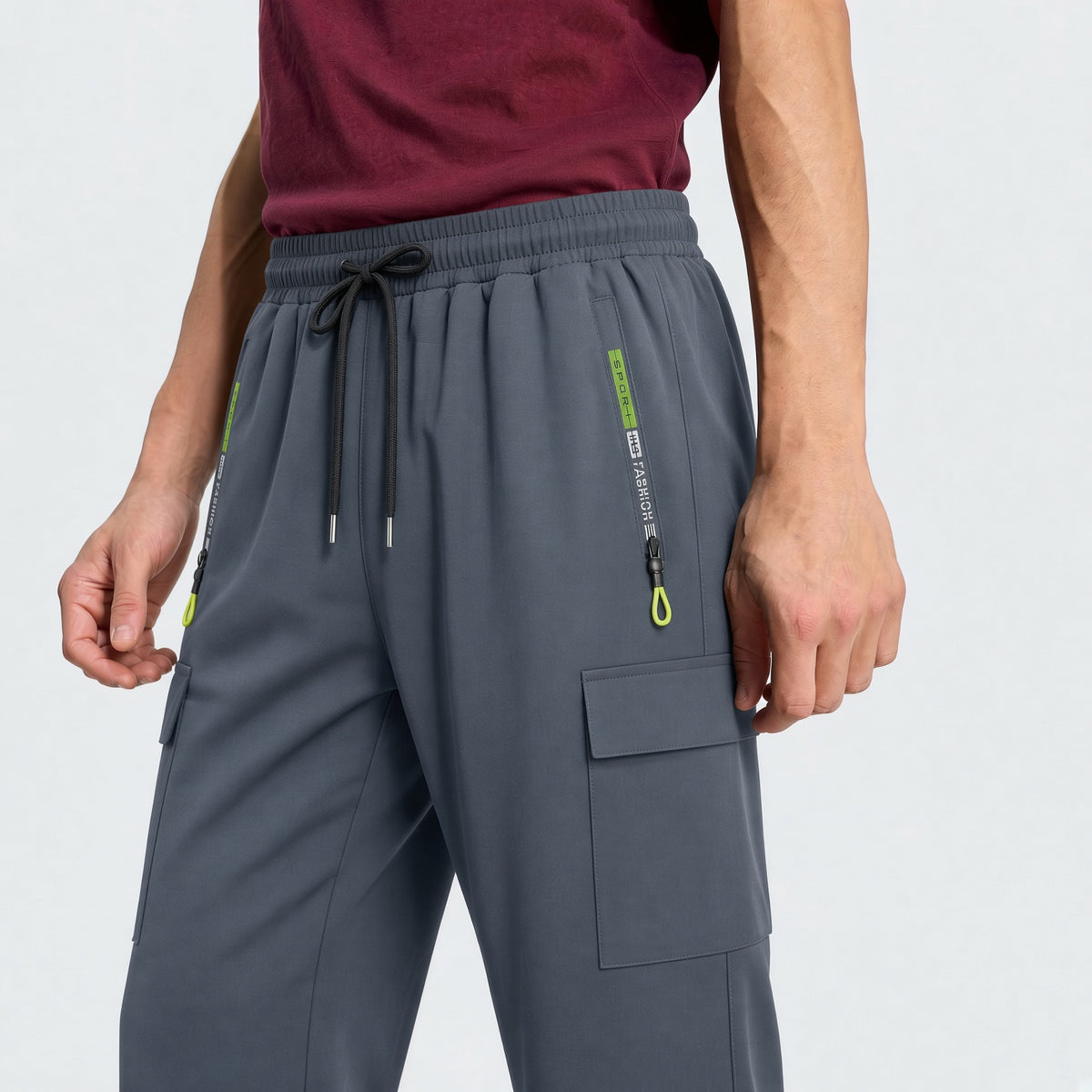 3pcs Men's Drawstring Elastic Waist Zipper Pocket Sport Pants, Outdoor Casual Loose Straight Leg Cargo Pants With NEON Highlights, Spring & Autumn Sports