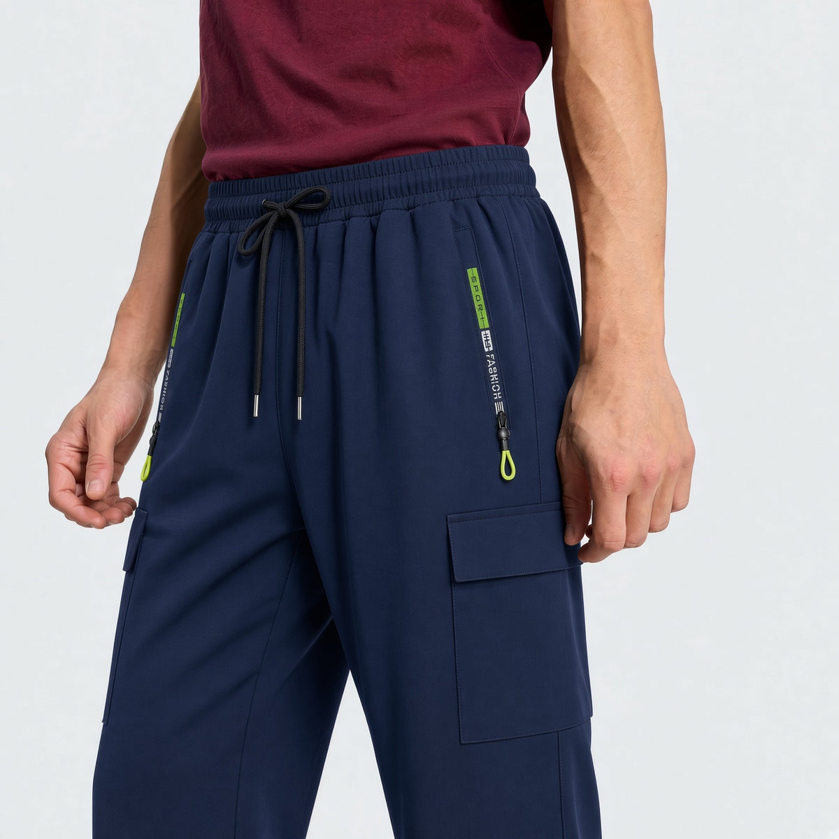 3pcs Men's Drawstring Elastic Waist Zipper Pocket Sport Pants, Outdoor Casual Loose Straight Leg Cargo Pants With NEON Highlights, Spring & Autumn Sports