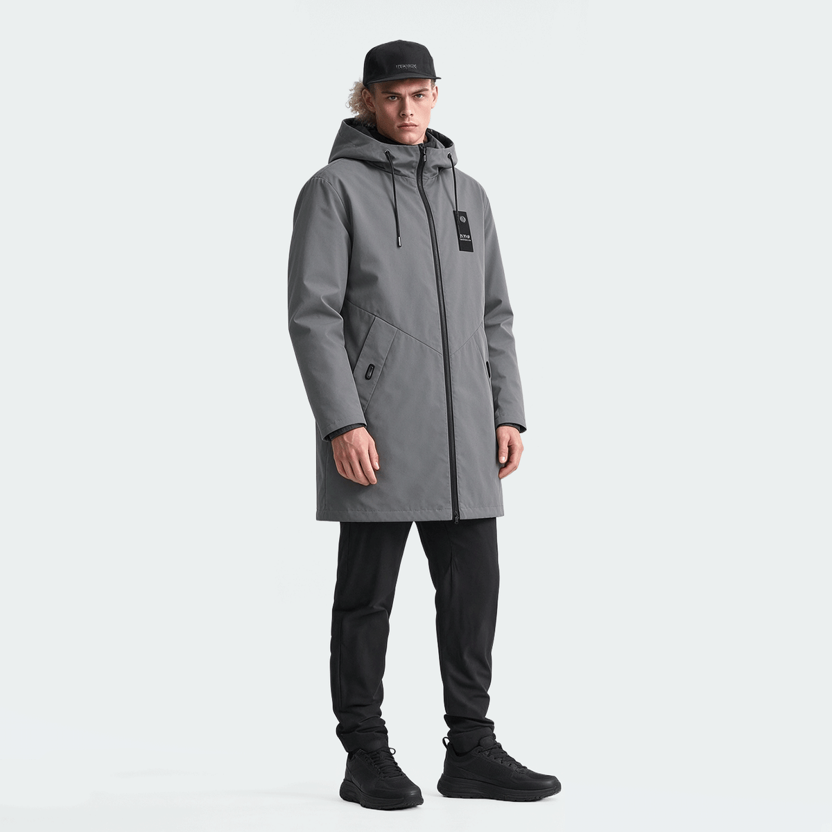 Men's Mid-Length Sporty Outdoor Hiking Jacket With Hood And Drawstring, Solid Color, Casual Everyday Wear, Autumn/Winter, BOYFRIEND