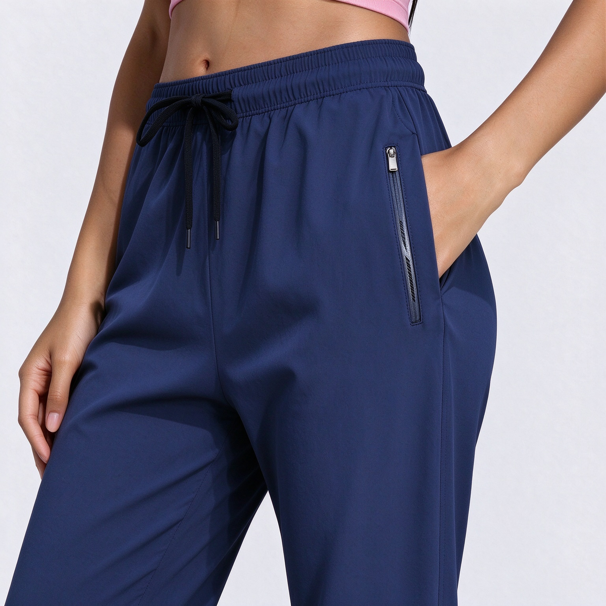 [Spring/Summer] Women's High Elasticity Straight Leg Elastic Waist Drawstring Outdoor Casual Zipper Pocket Long Pants, Gym Workout Summer Women's Outfit
