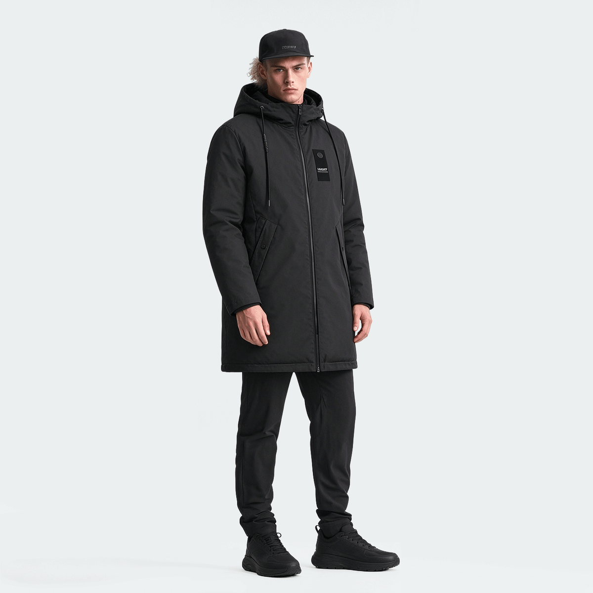 Men's Mid-Length Sporty Outdoor Hiking Jacket With Hood And Drawstring, Solid Color, Casual Everyday Wear, Autumn/Winter, BOYFRIEND