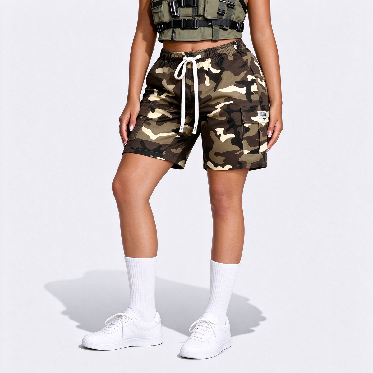 Women's Thin Outdoor Camouflage Cargo Knee-Length Shorts, Lightweight Breathable Casual Fashion Multi-Pocket Drawstring Shorts, Suitable For Sports, Outings, Exercise, Etc.
