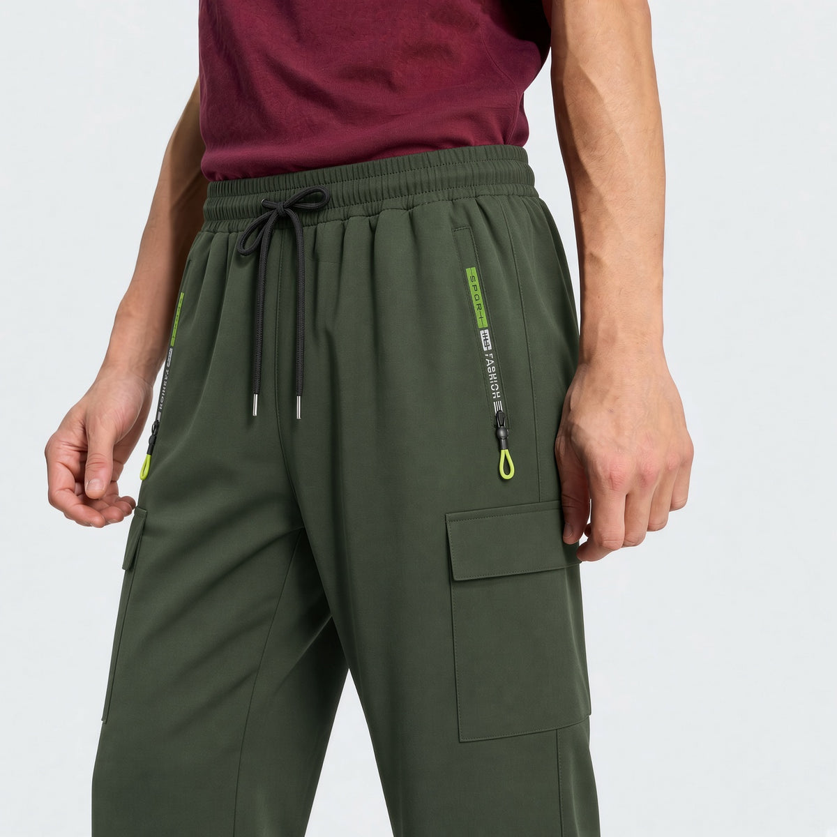 Men's Loose Lightweight Breathable Drawstring Elastic Waist Zipper Pocket Sports Pants, Outdoor Casual Straight Leg Cargo Trousers, NEON Highlight, Spring & Autumn