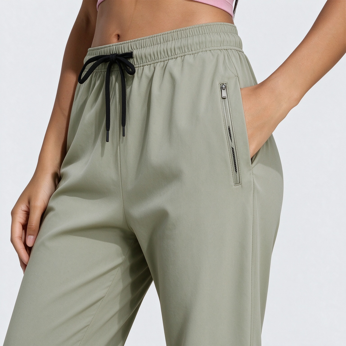 [Spring/Summer] Women's High Elasticity Straight Leg Elastic Waist Drawstring Outdoor Casual Zipper Pocket Long Pants, Gym Workout Summer Women's Outfit