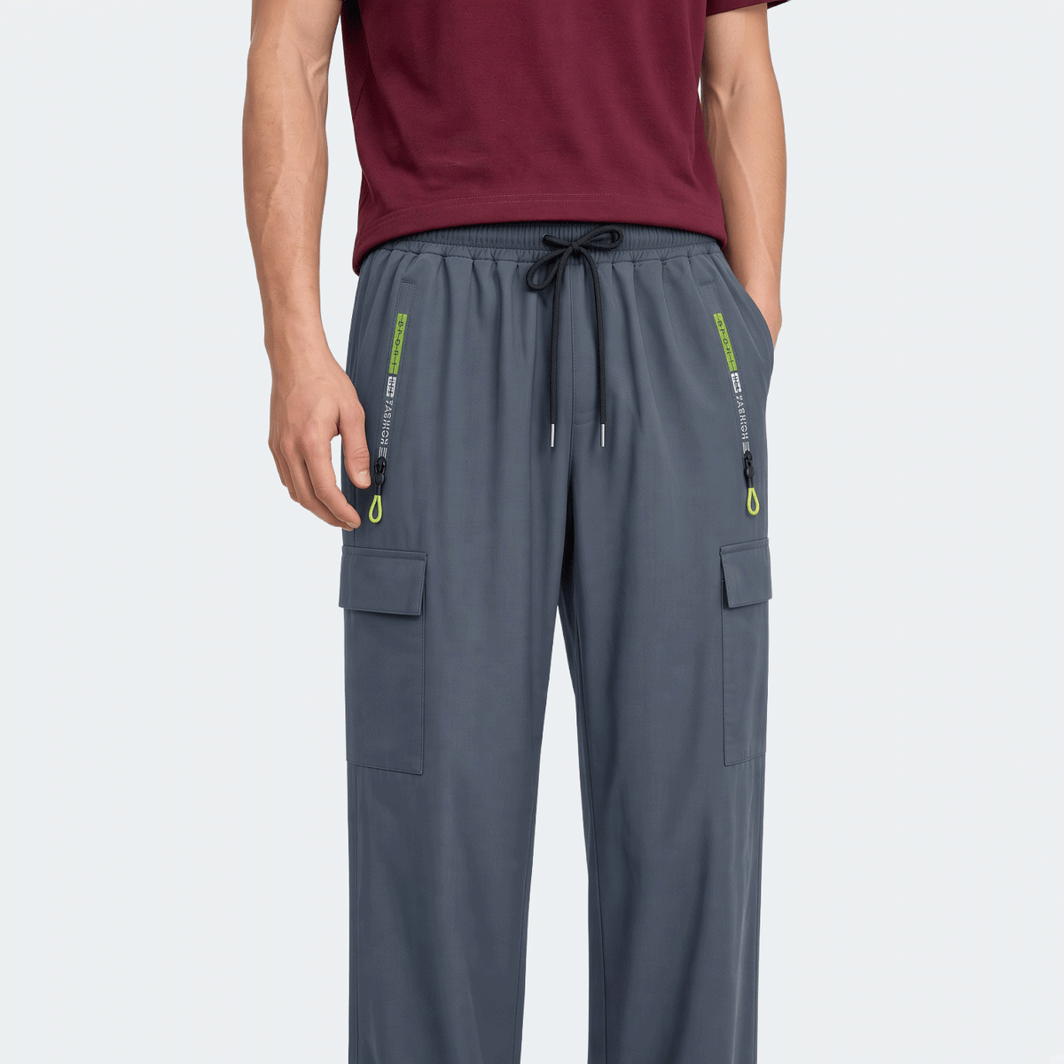 3pcs Men's Drawstring Elastic Waist Zipper Pocket Sport Pants, Outdoor Casual Loose Straight Leg Cargo Pants With NEON Highlights, Spring & Autumn Sports