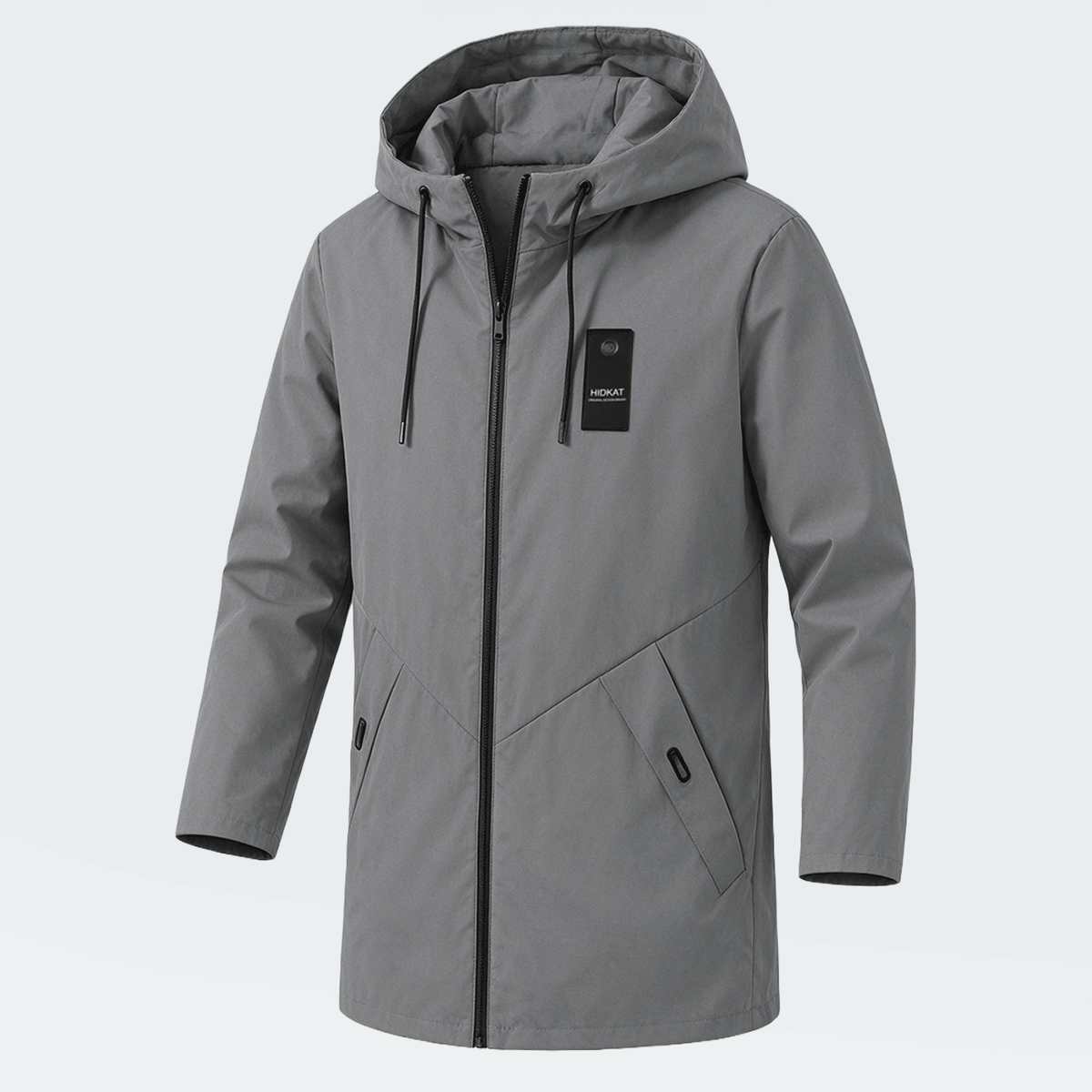 Men's Mid-Length Sporty Outdoor Hiking Jacket With Hood And Drawstring, Solid Color, Casual Everyday Wear, Autumn/Winter, BOYFRIEND