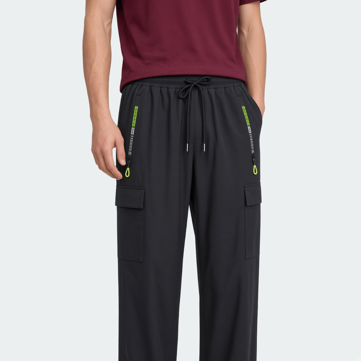 Men's Loose Lightweight Breathable Drawstring Elastic Waist Zipper Pocket Sports Pants, Outdoor Casual Straight Leg Cargo Trousers, NEON Highlight, Spring & Autumn