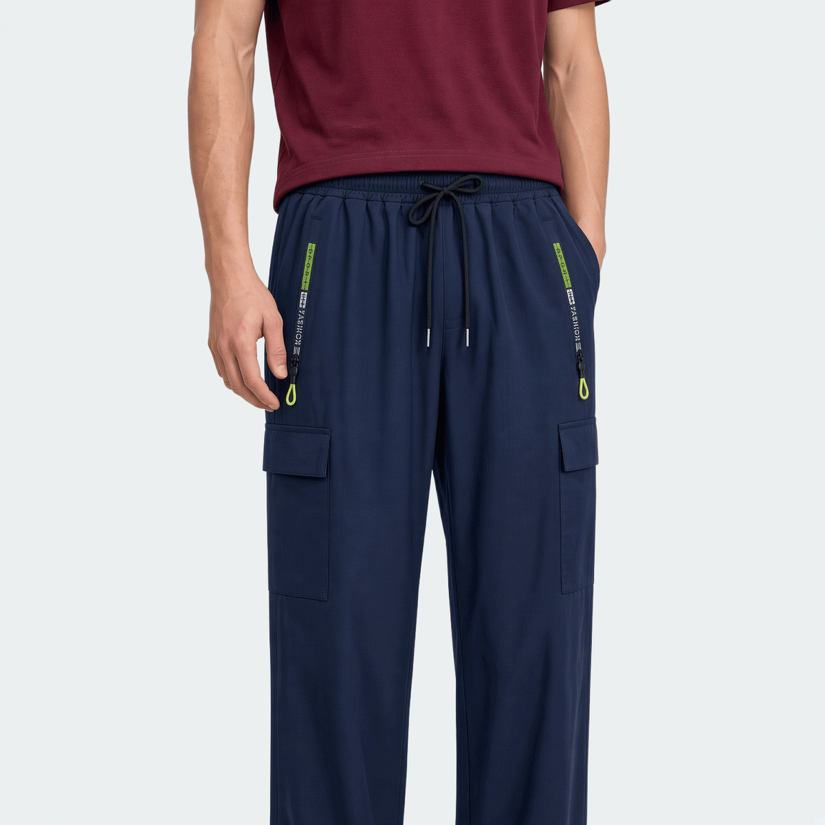 Men's Spring & Autumn Hiking Pants With Zipper Pockets & Drawstring, Straight Leg Casual Running Trousers With Striking Neon Highlight