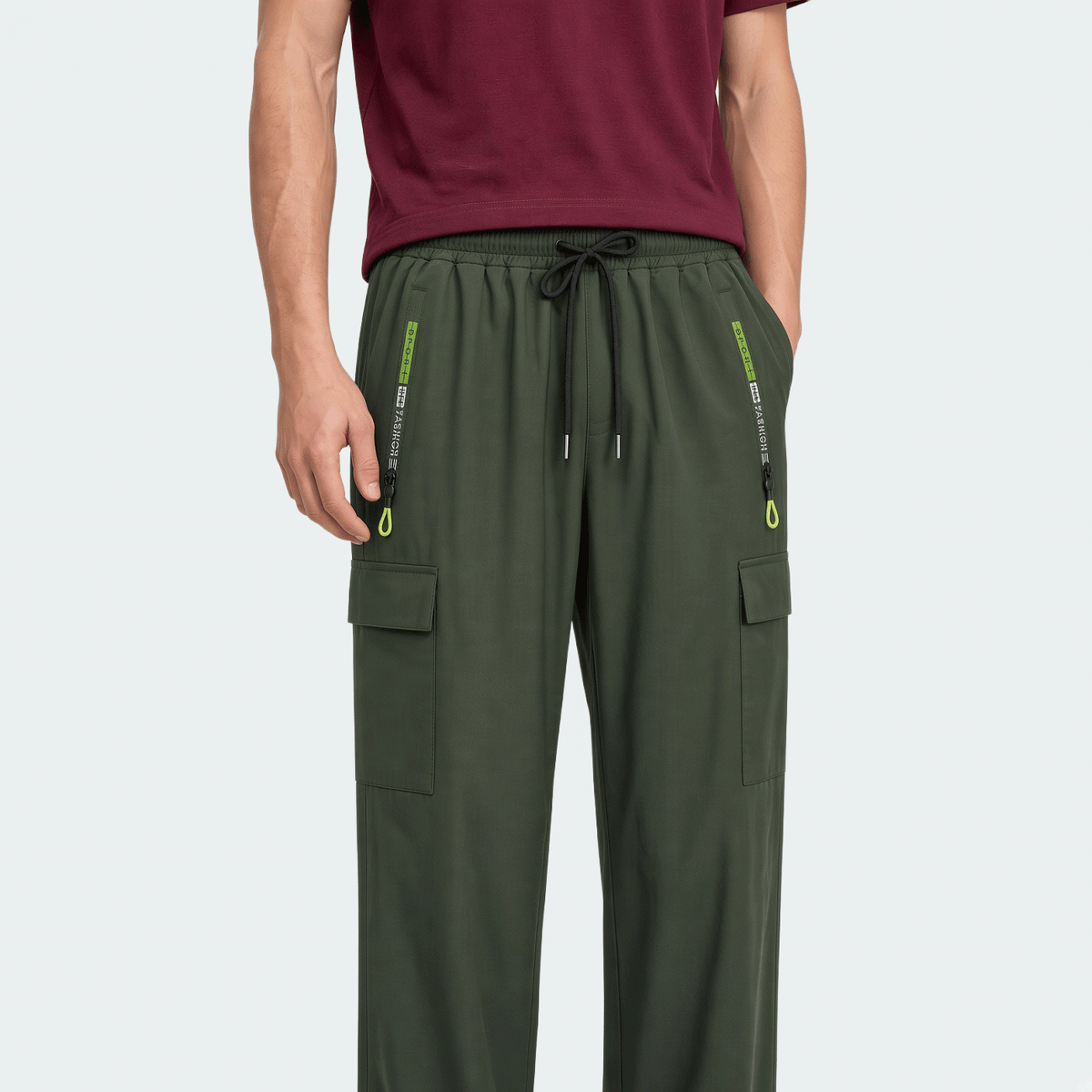 3pcs Men's Drawstring Elastic Waist Zipper Pocket Sport Pants, Outdoor Casual Loose Straight Leg Cargo Pants With NEON Highlights, Spring & Autumn Sports