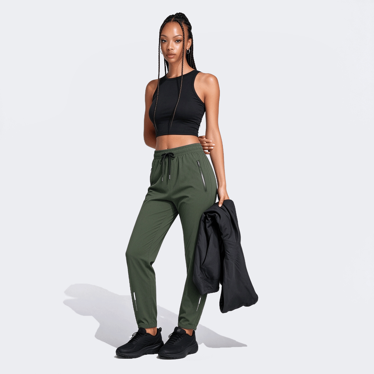 [Spring/Summer] Women's High Elasticity Straight Leg Elastic Waist Drawstring Outdoor Casual Zipper Pocket Long Pants, Gym Workout Summer Women's Outfit