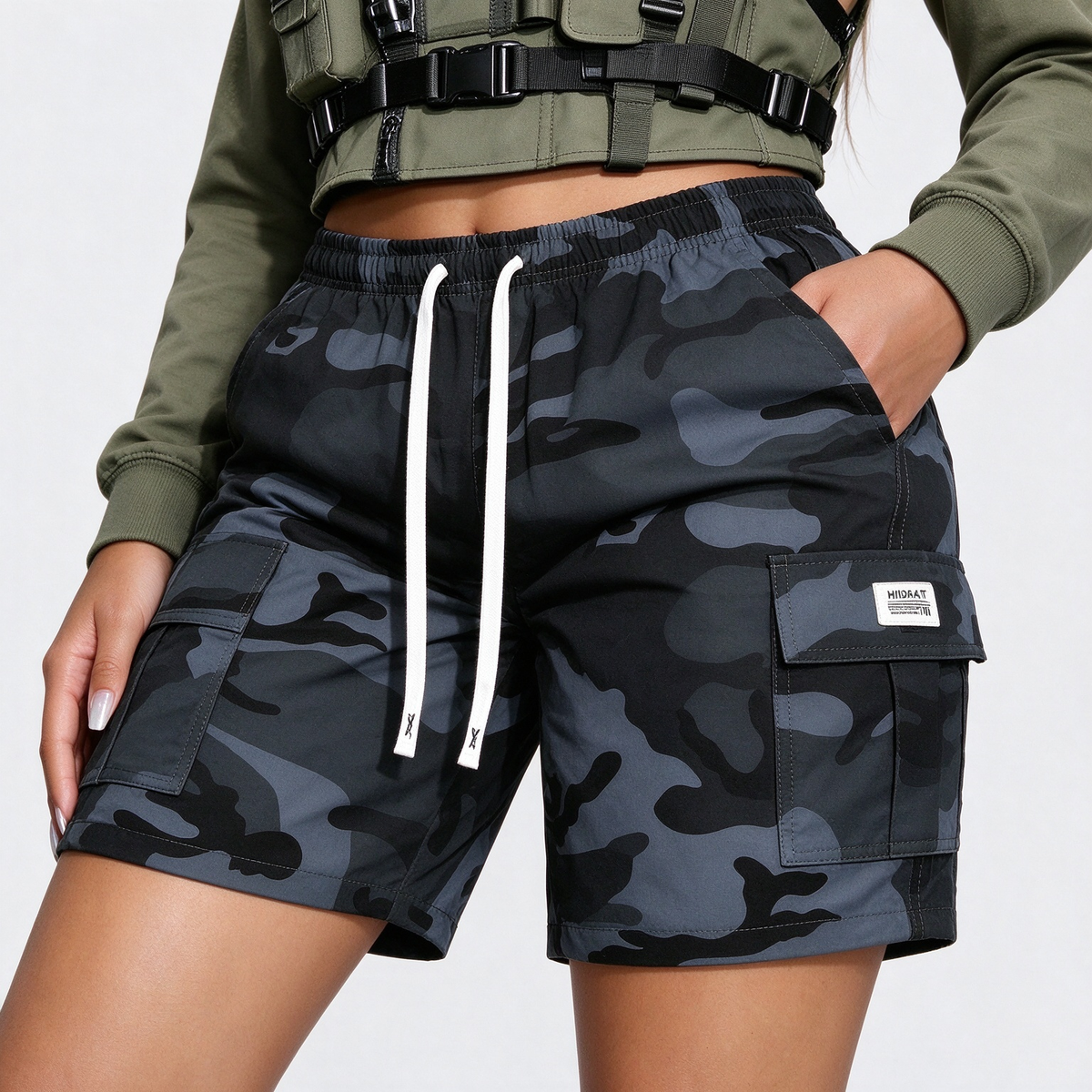 Women's Thin Outdoor Camouflage Cargo Knee-Length Shorts, Lightweight Breathable Casual Fashion Multi-Pocket Drawstring Shorts, Suitable For Sports, Outings, Exercise, Etc.