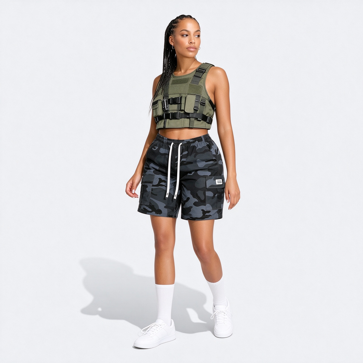 Women's Thin Outdoor Camouflage Cargo Knee-Length Shorts, Lightweight Breathable Casual Fashion Multi-Pocket Drawstring Shorts, Suitable For Sports, Outings, Exercise, Etc.