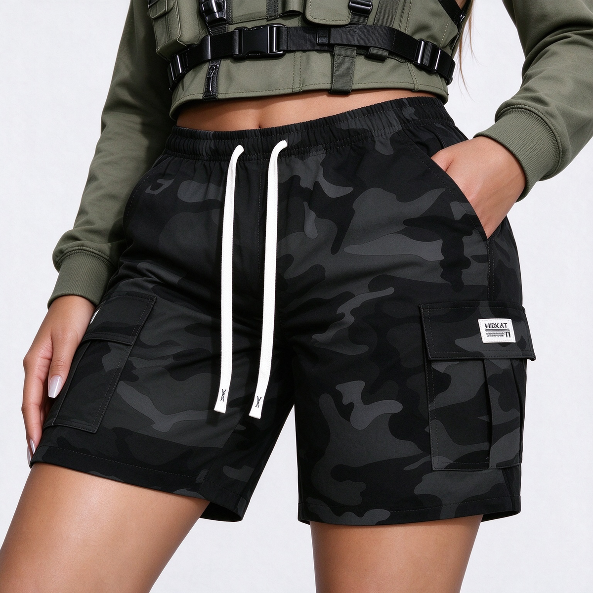 Women's Thin Outdoor Camouflage Cargo Knee-Length Shorts, Lightweight Breathable Casual Fashion Multi-Pocket Drawstring Shorts, Suitable For Sports, Outings, Exercise, Etc.