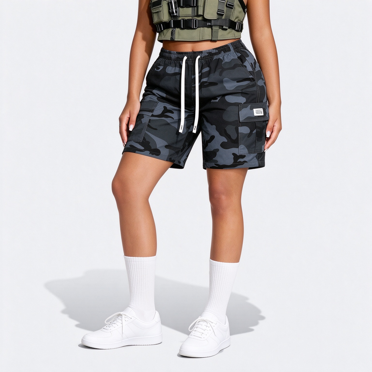 Women's Thin Outdoor Camouflage Cargo Knee-Length Shorts, Lightweight Breathable Casual Fashion Multi-Pocket Drawstring Shorts, Suitable For Sports, Outings, Exercise, Etc.