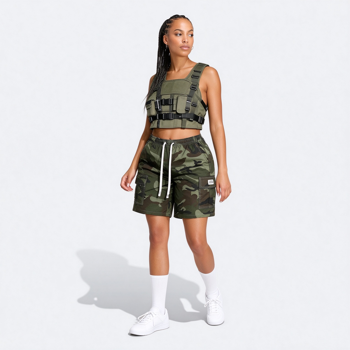 Women's Thin Outdoor Camouflage Cargo Knee-Length Shorts, Lightweight Breathable Casual Fashion Multi-Pocket Drawstring Shorts, Suitable For Sports, Outings, Exercise, Etc.