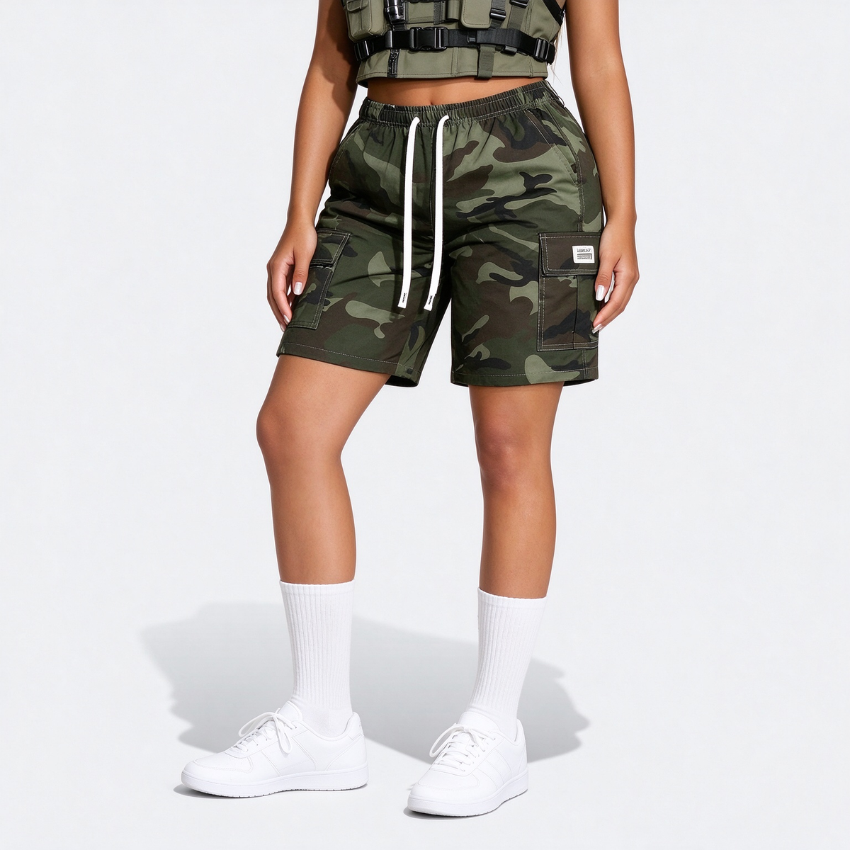Women's Thin Outdoor Camouflage Cargo Knee-Length Shorts, Lightweight Breathable Casual Fashion Multi-Pocket Drawstring Shorts, Suitable For Sports, Outings, Exercise, Etc.